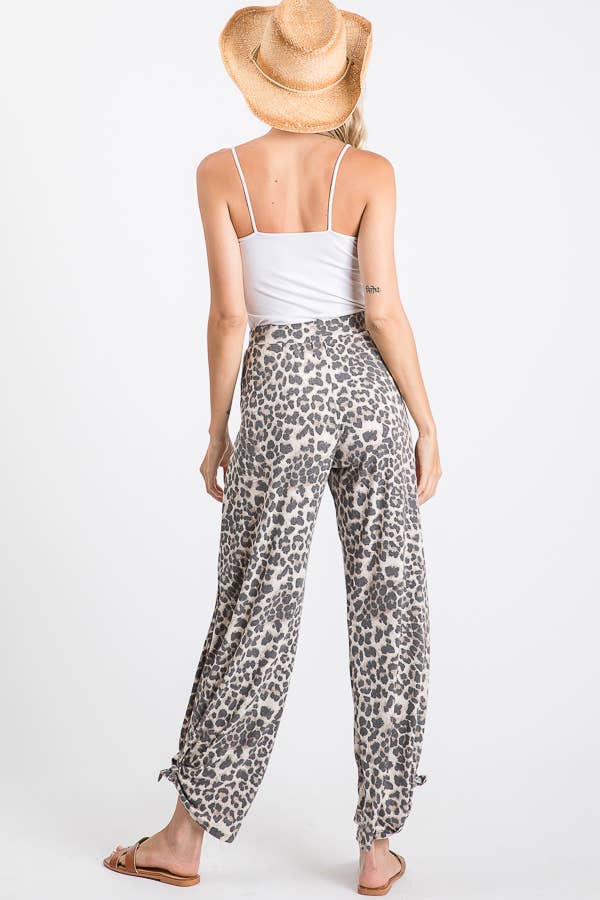 Leopard Print Lightweight Split Side Ankle Tie Pants Mocha