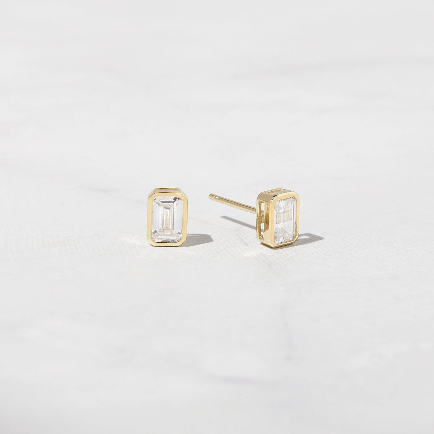 Emerald Cut Studs: 925 Sterling Silver/14KGoldPlating