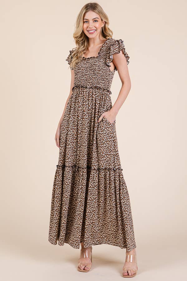 Leopard Ruffle Sleeve Tiered Maxi Dress