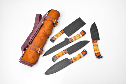 5-Piece Knife Set / With Leather carry Bag Burnt Bone