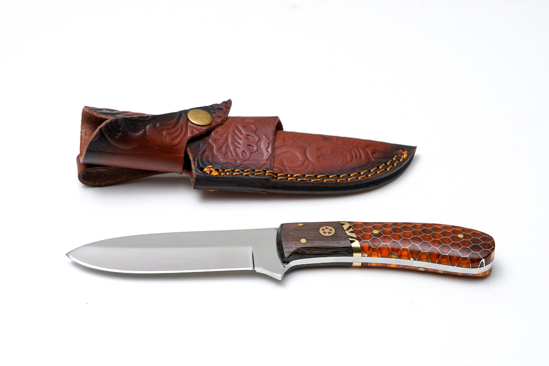 Titan International Knives Satin Finish Hunter — Amber Honeycomb & Wood Hybrid Handle — Bushcraft & Skinning Knife