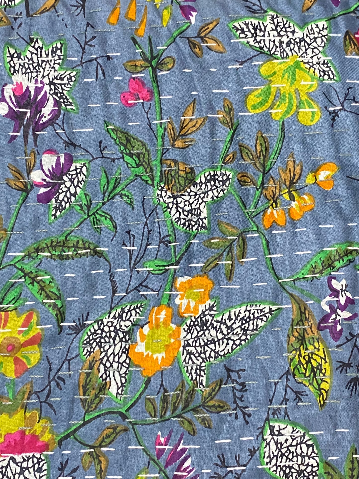 Handmade Indian Kantha Reversible Quilt Aubusson Blue Grey Leafy Paisley King