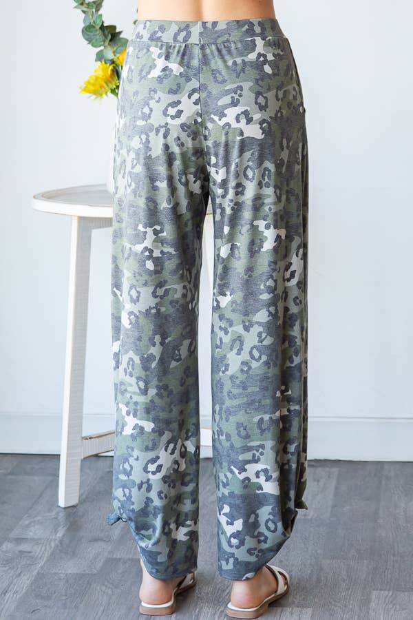 Leopard Camo Side Slit Ankle Tie Pants
