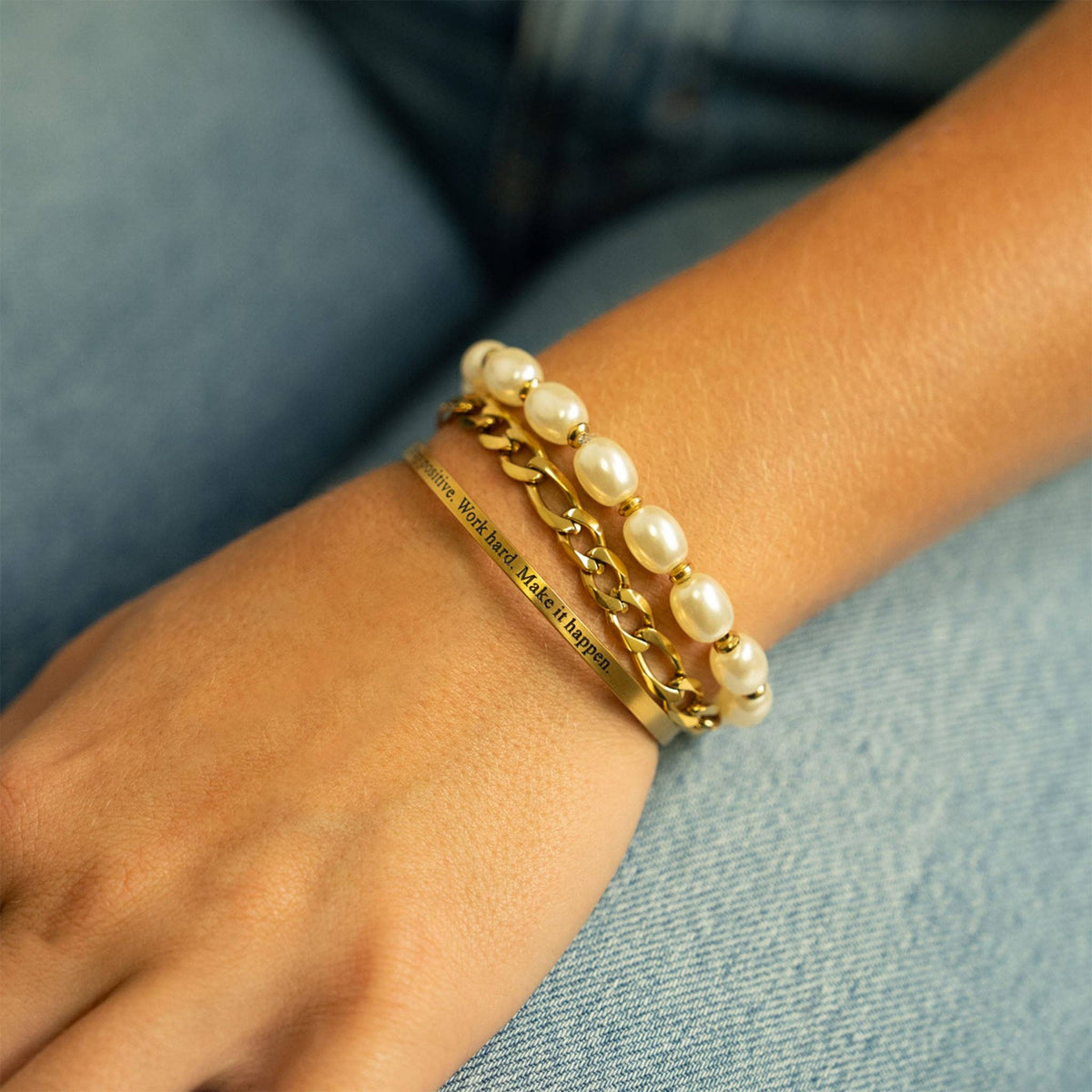 18K Gold PVD Stay Positive Work Hard Engraved Bracelet: Stainless WJW