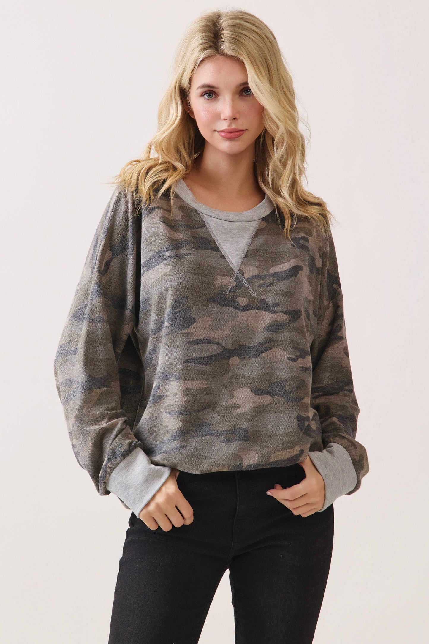 Camo Terry Knit Pullover Top Heather Grey/Camo