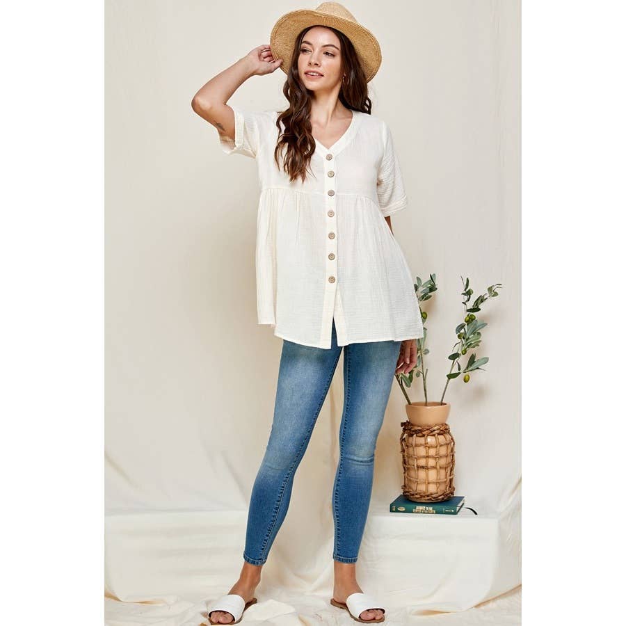 Loose Fit Ivory V-Neck Short Sleeve Button Down Top