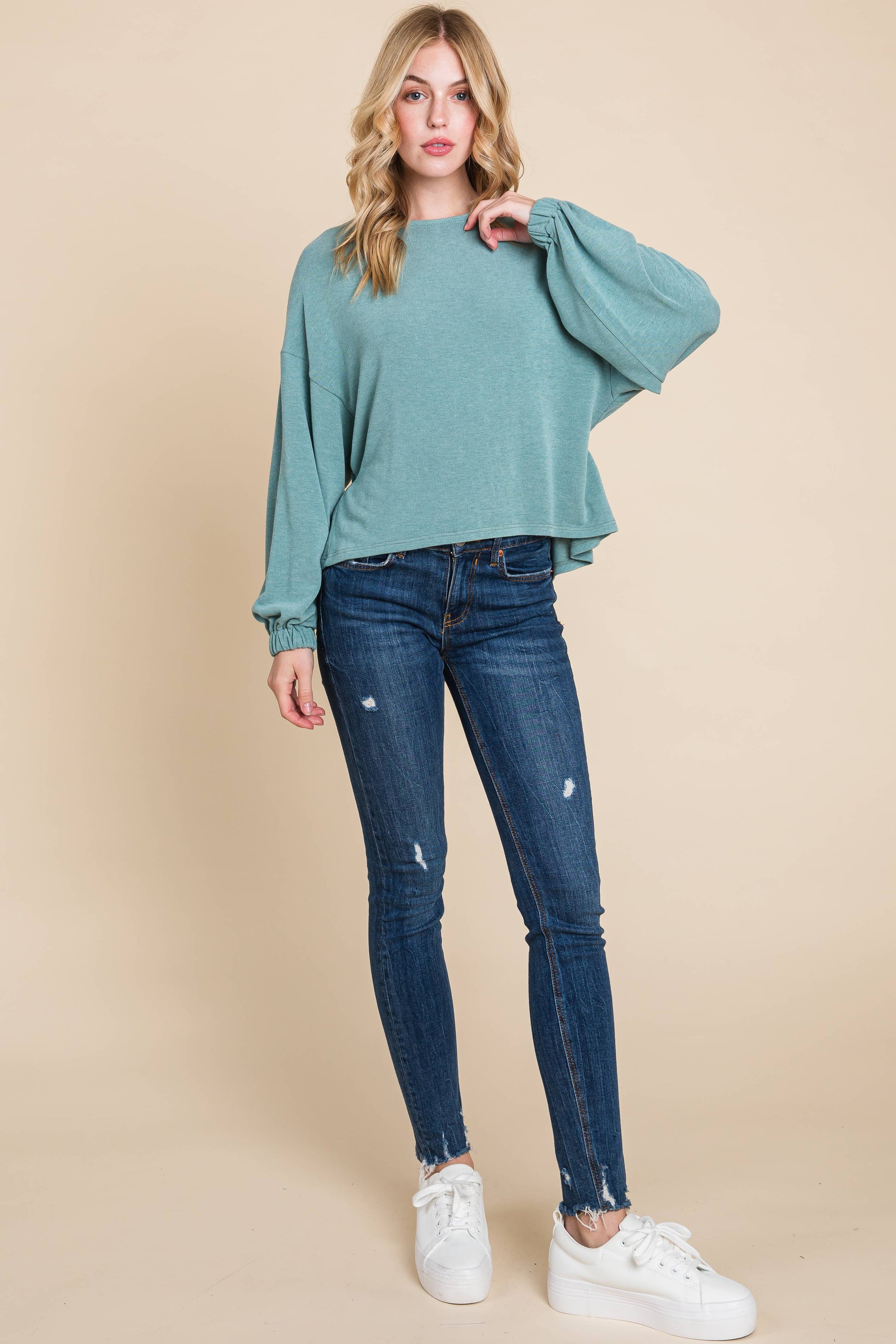 Sage Solid Ruched Back Casual Top