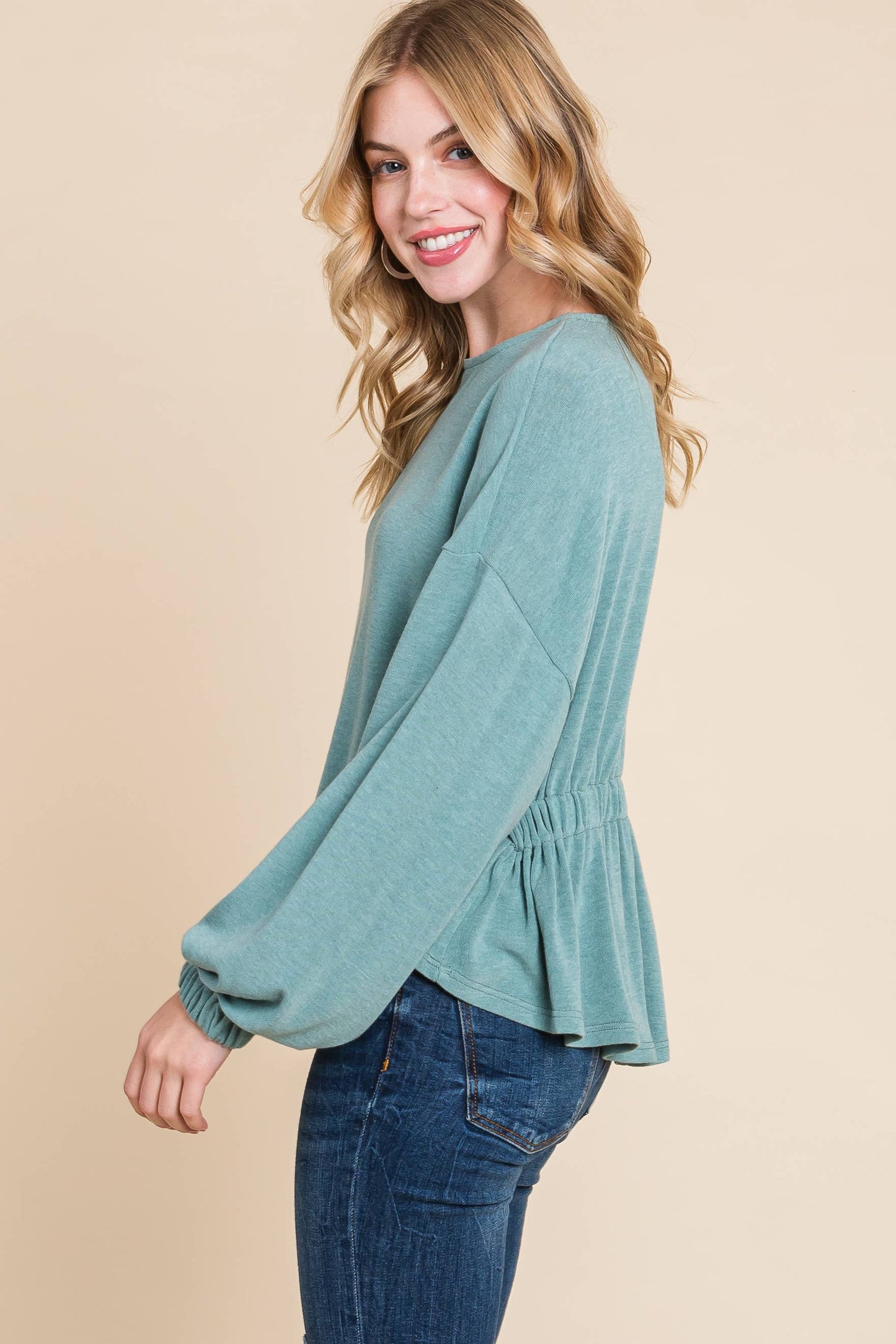 Sage Solid Ruched Back Casual Top