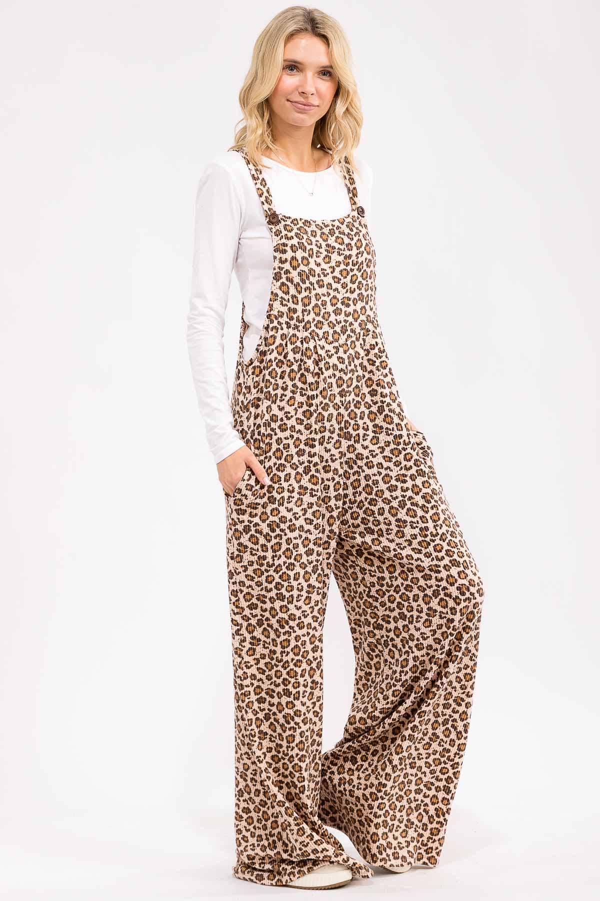 Leopard Print Wide Leg Overall Jumpsuit: As Shown