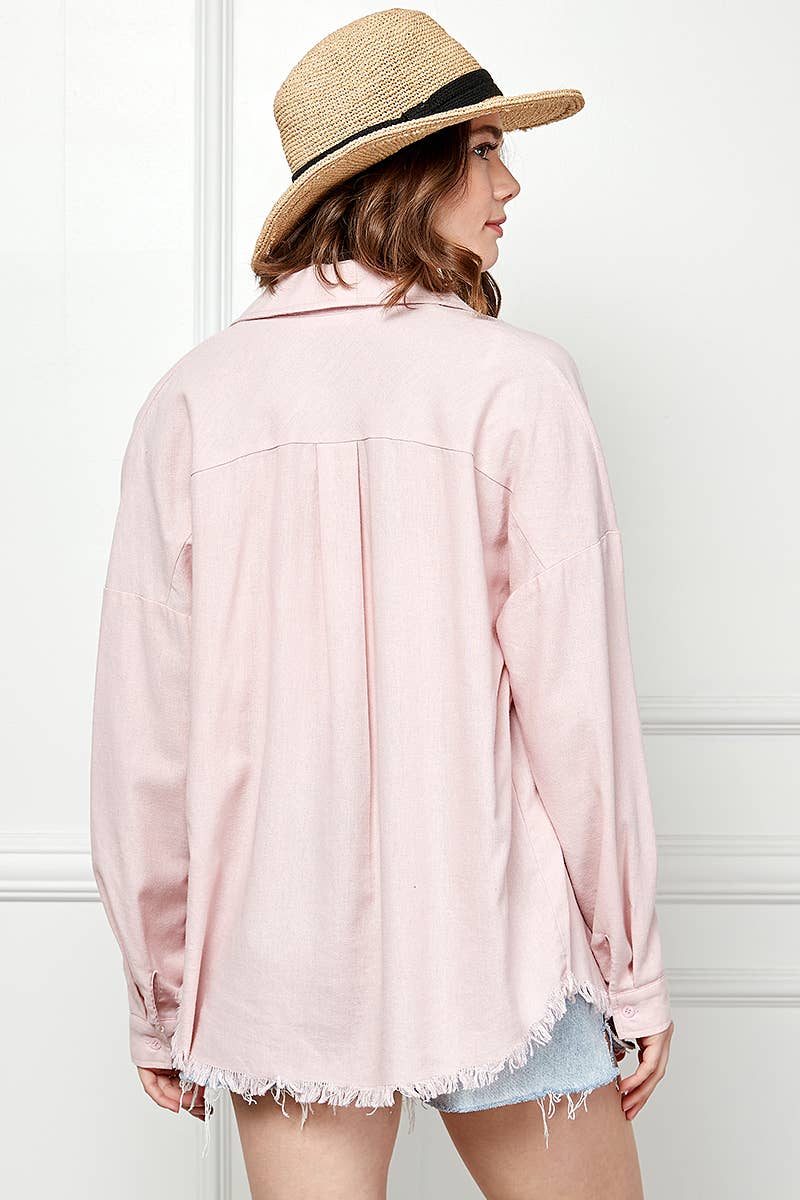 Pink Solid Frayed Hem Long Sleeve Button Down Shirt