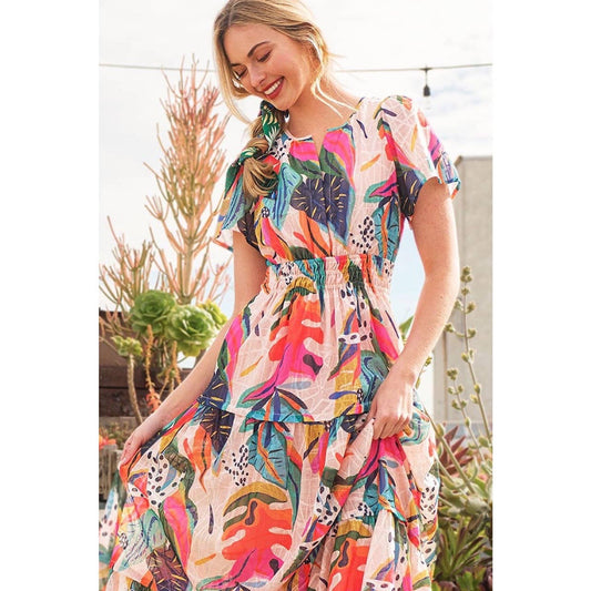 Abstract Printed Smocked Maxi Dress: FUCHSIA