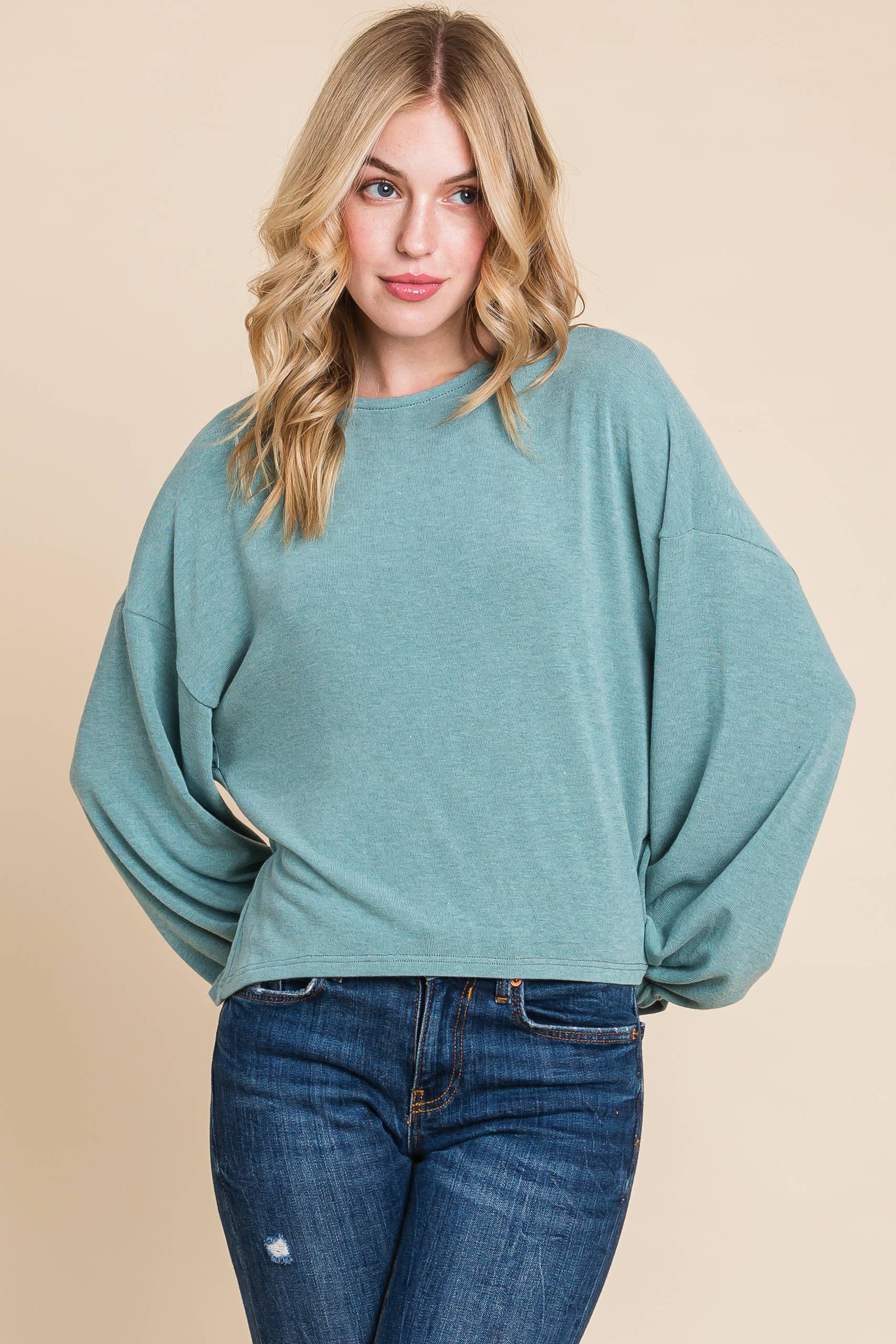 Sage Solid Ruched Back Casual Top