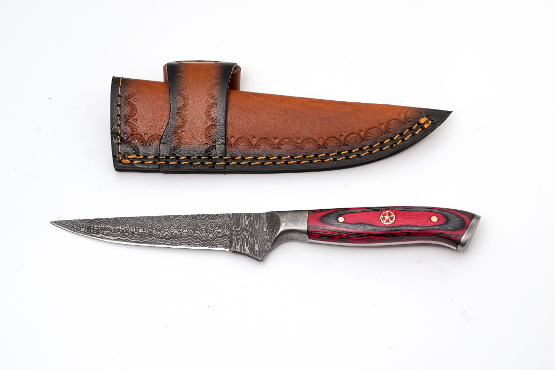 Hand-Forged Damascus Steel Skinning Knife | Red Pakkawood Handle & Mosaic Pin