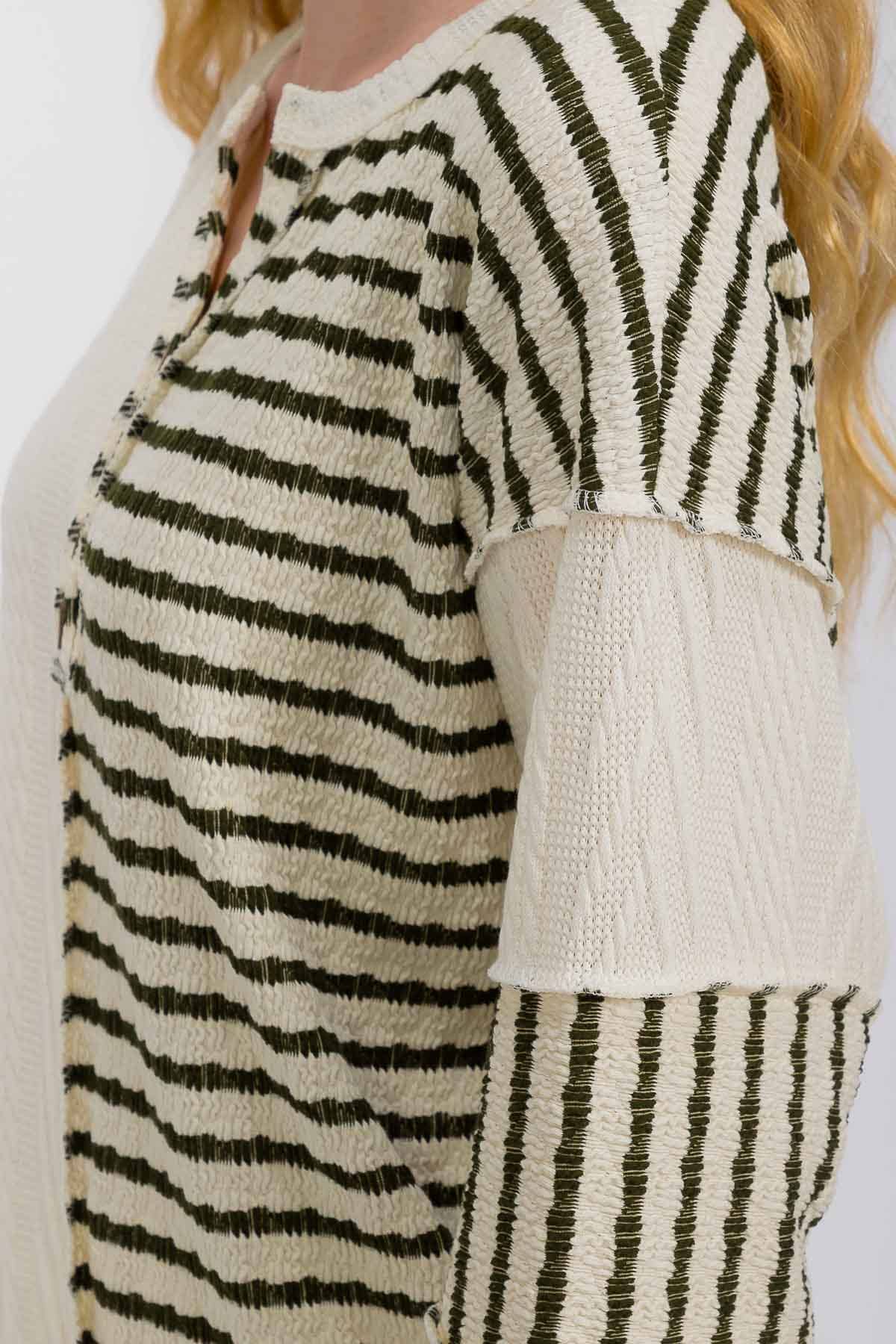 Stripe Cable Knit Patchwork Button Front Pullover Top Olive