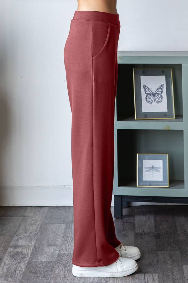 Solid Modal Tech Elastic Waist Pants with Pockets: Marsala