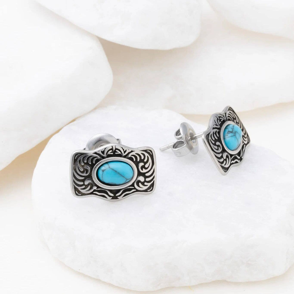 Gold Stainless Steel Turquoise Stone Buckle Stud Earrings: Stainless WJW
