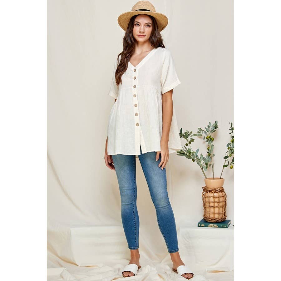Loose Fit Ivory V-Neck Short Sleeve Button Down Top