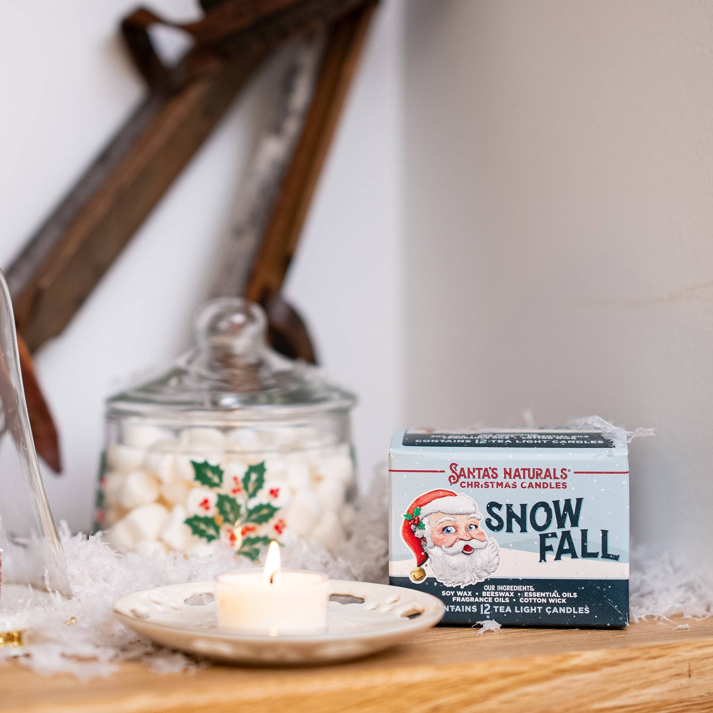 Christmas Tea Light Candle in Snow Fall