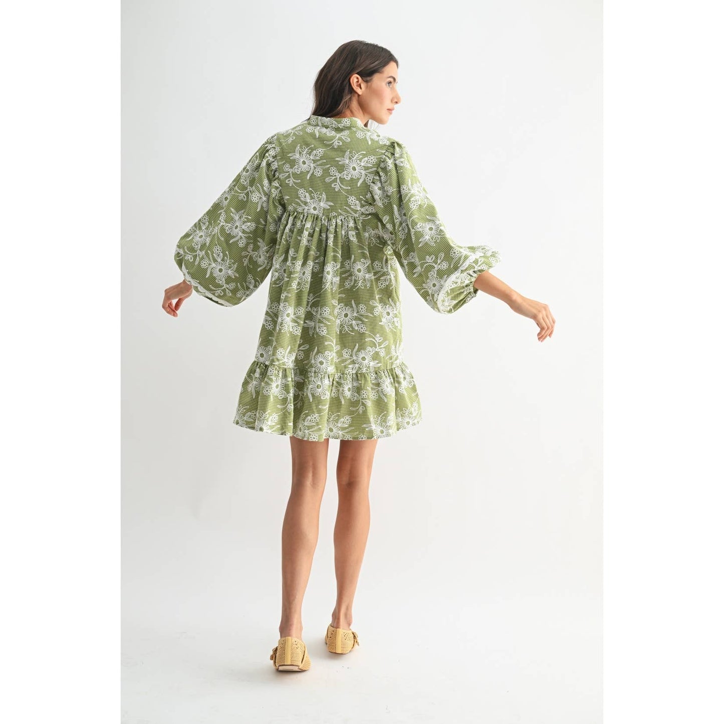 Embroidered Dress with Balloon Sleeves: Green