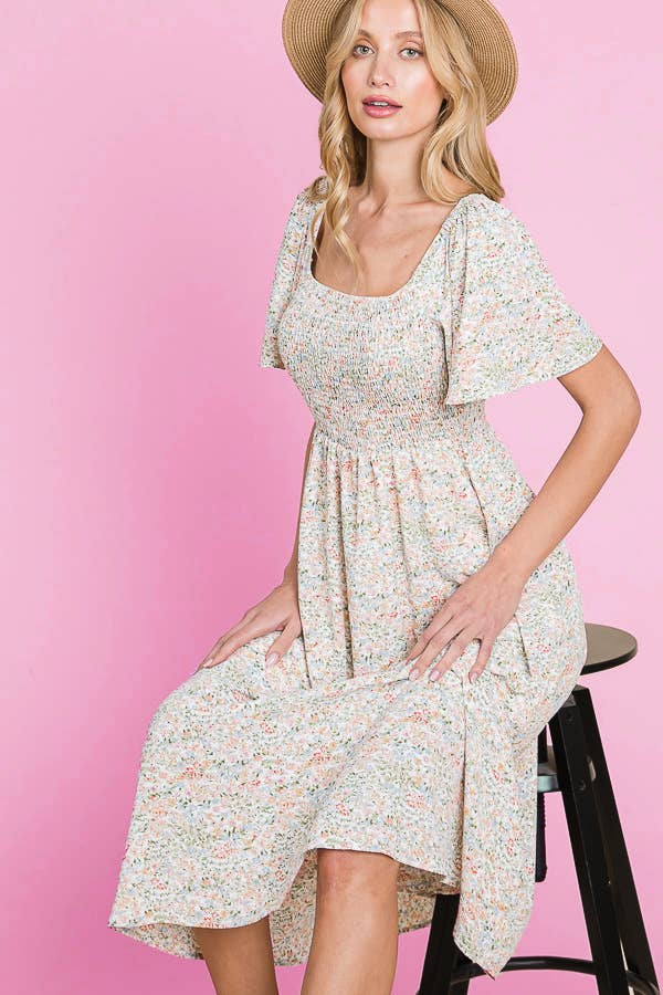 Floral Print Butterfly Sleeve Square Neck Smocked Midi Dress: CREAM