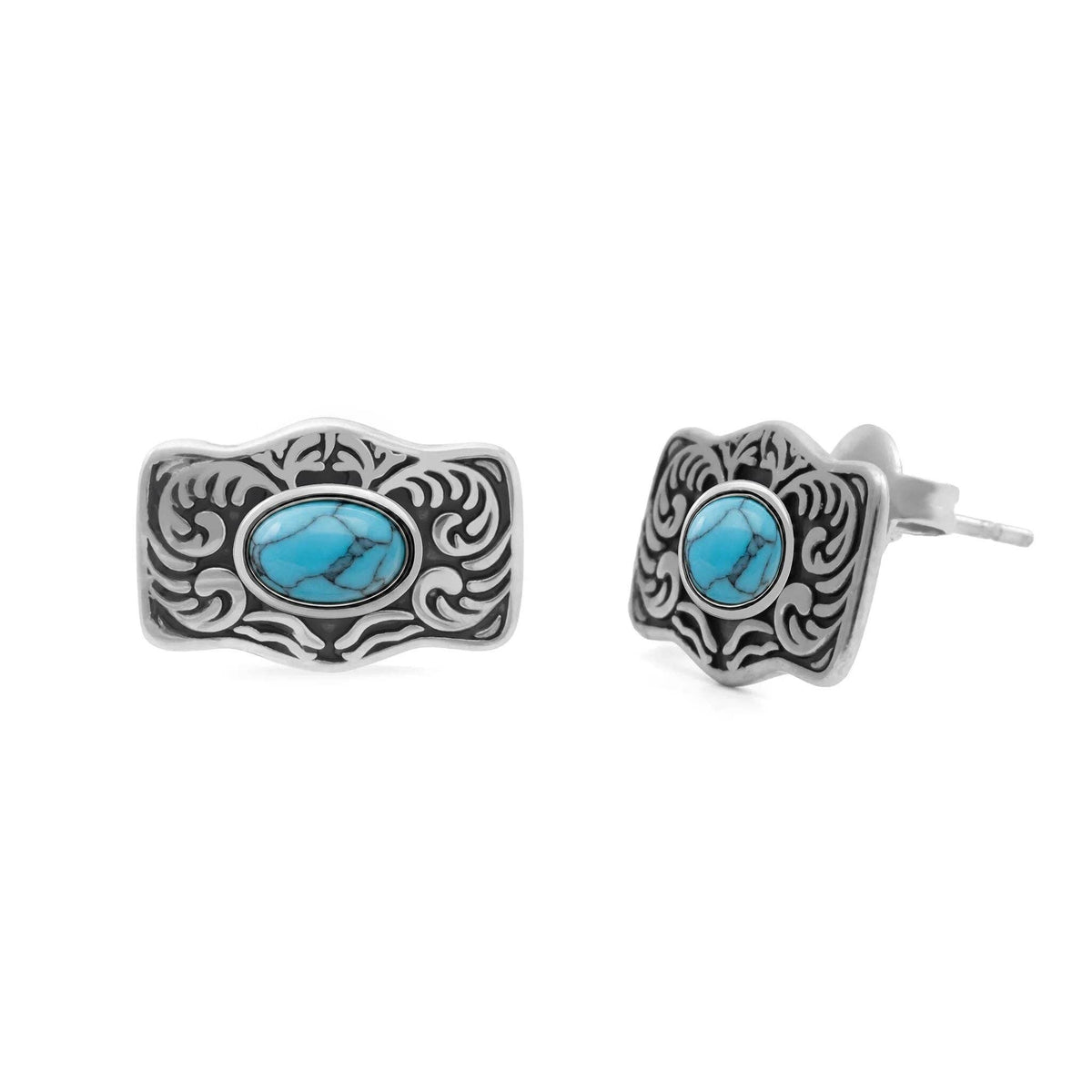 Gold Stainless Steel Turquoise Stone Buckle Stud Earrings: Gold WJW
