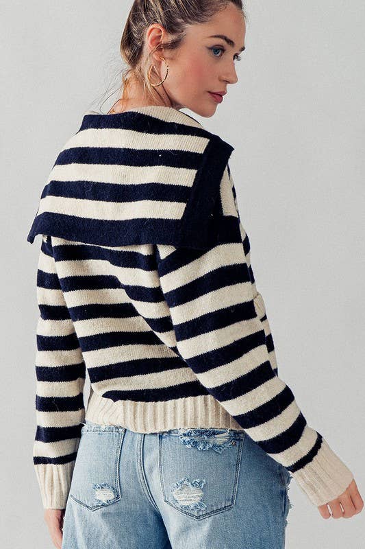 Madison Sailor Collar Stripe Knit Sweater: Navy
