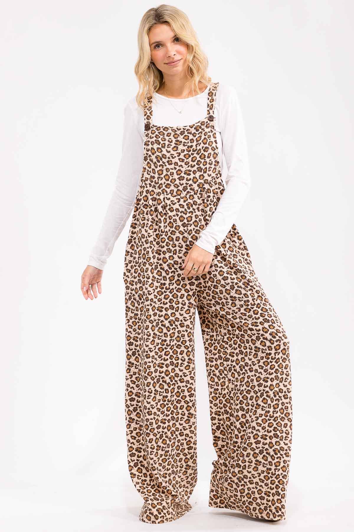 Leopard Print Wide Leg Overall Jumpsuit: As Shown