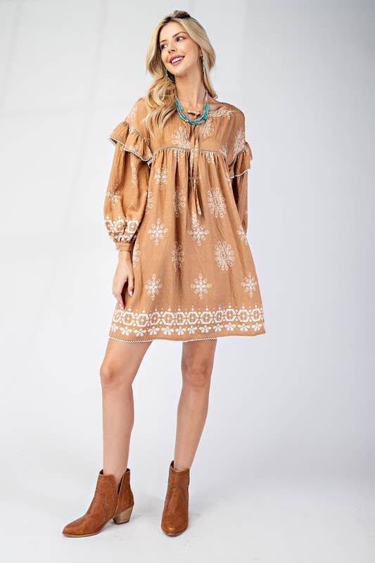 Long Sleeve Babydoll Dress: CAMEL