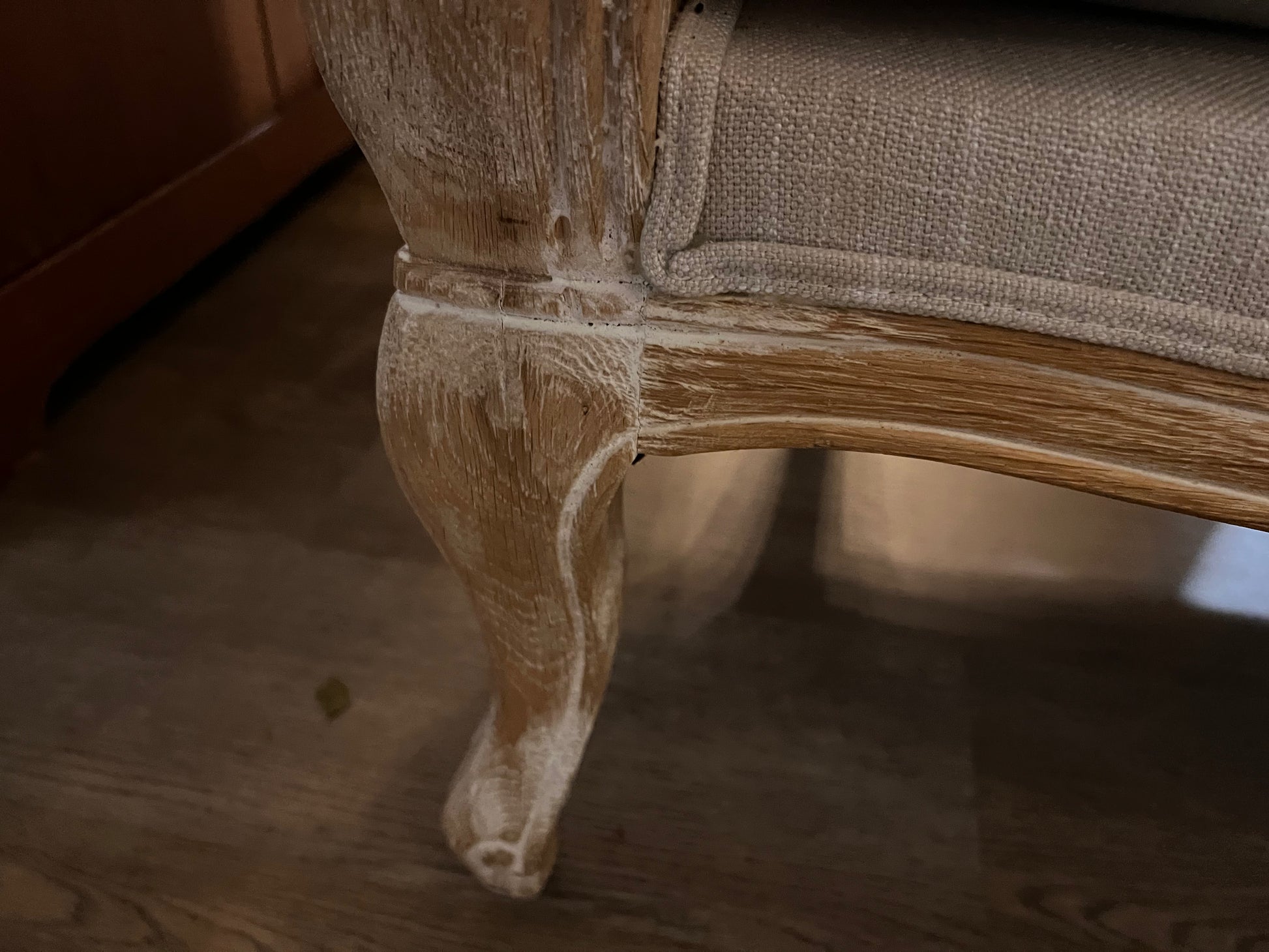 White Distressed Upholstered Settee