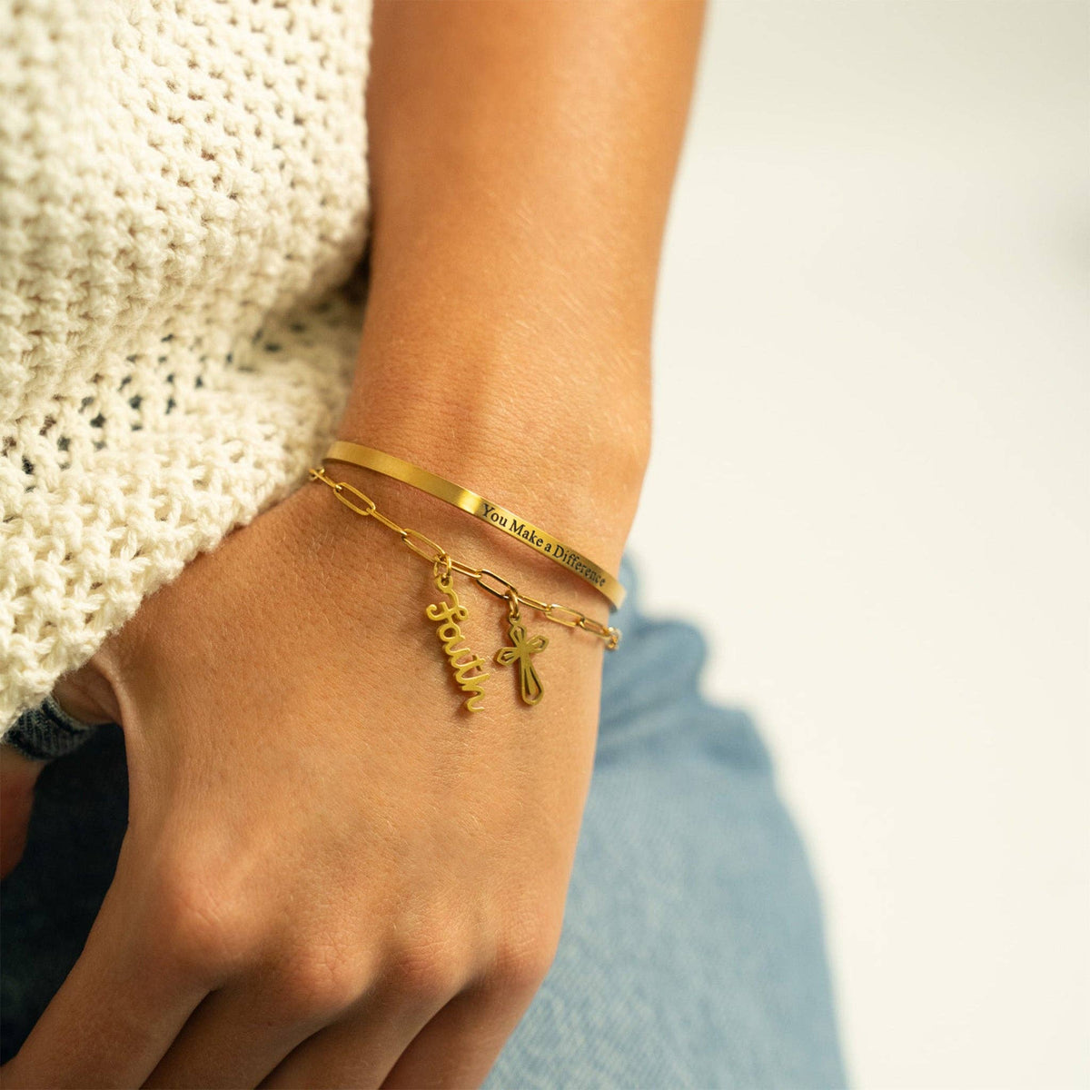 18K Gold PVD You Make a Difference Engraved Bangle Bracelet: Gold WJW