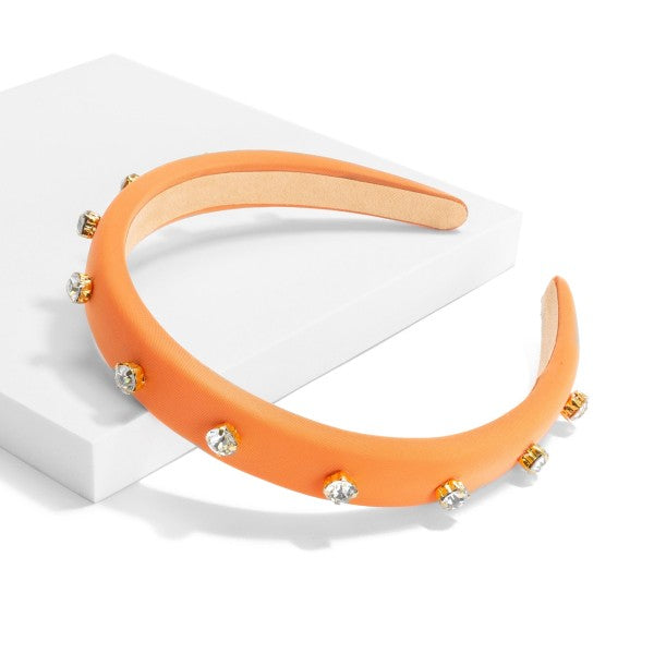 Cushioned Headband With Rhinestone Studs Orange