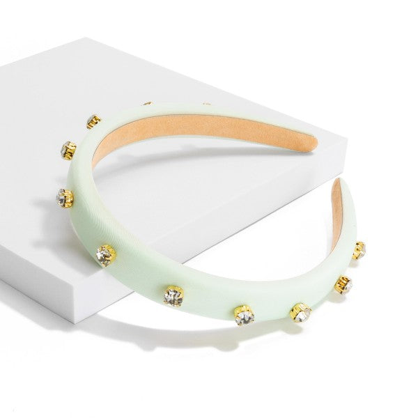 Cushioned Headband With Rhinestone Studs Lime