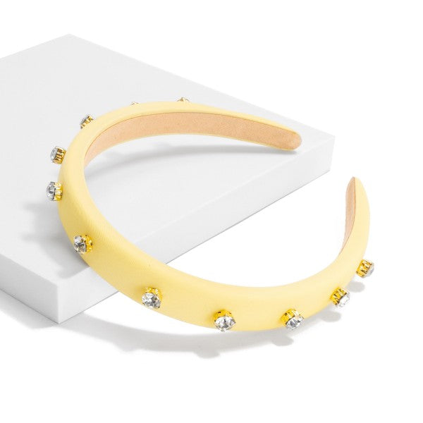 Cushioned Headband With Rhinestone Studs Yellow