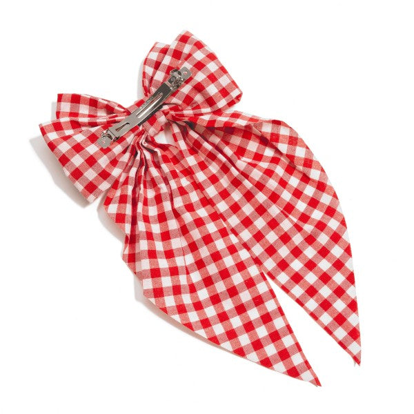 Plaid Buffalo Check Oversized Clip-in Hair Bow Red White