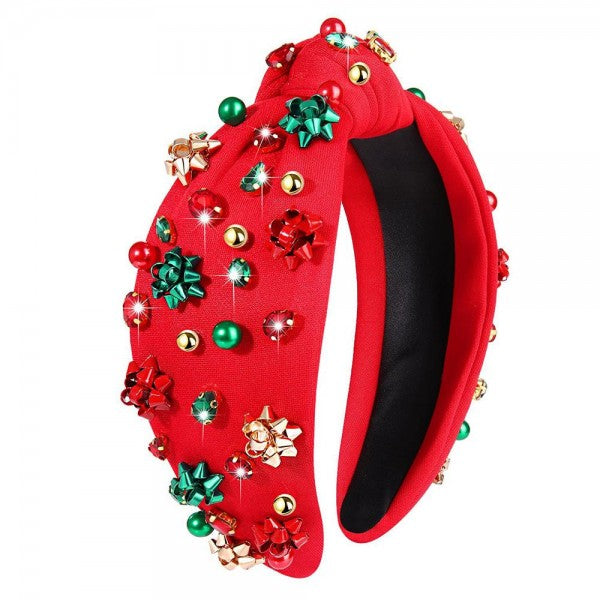 Knotted Headband With Metal Christmas Present Bows & Rhinestone Details Red