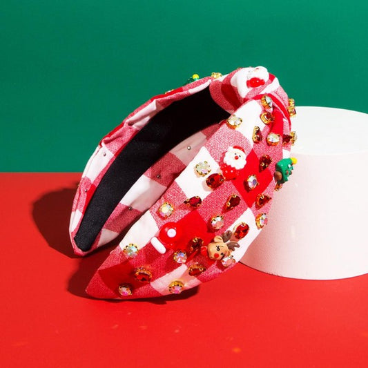 Knotted Plaid Headband With Christmas Pendants &amp; Rhinestone Details Red