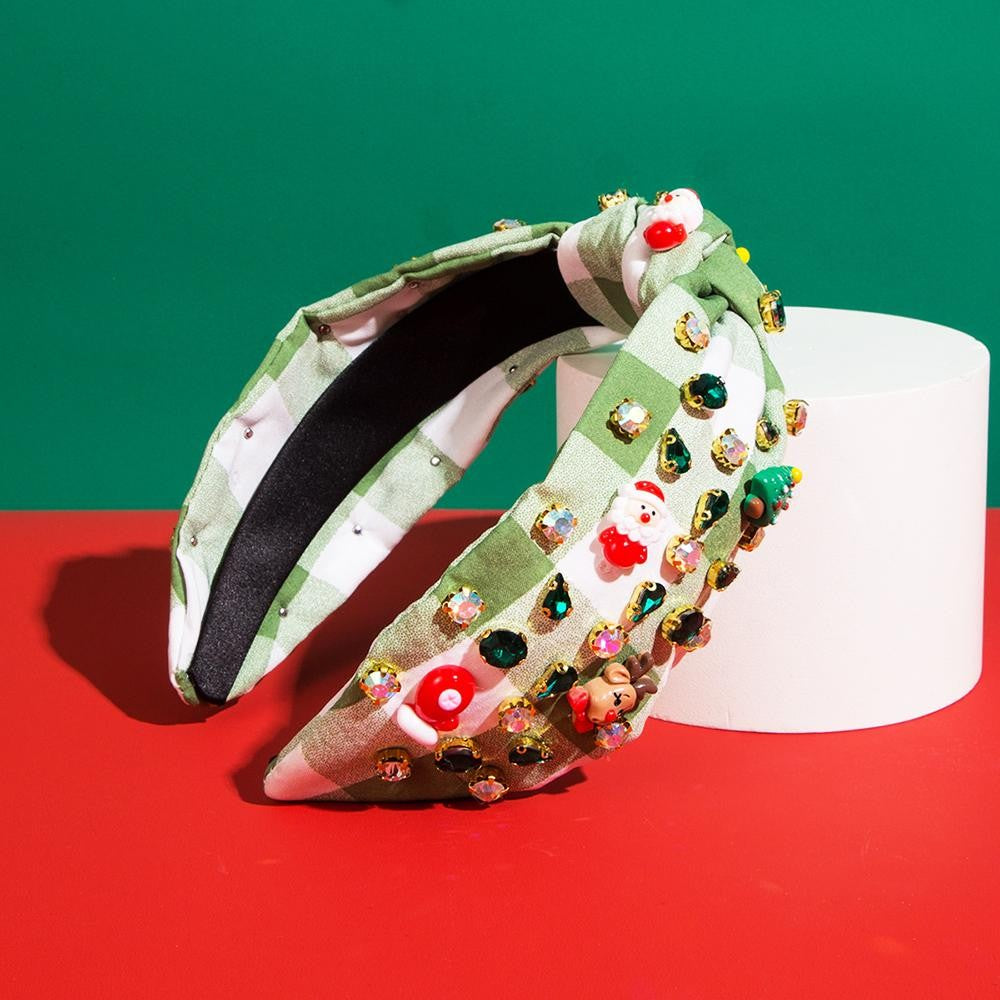 Knotted Plaid Headband With Christmas Pendants &amp; Rhinestone Details Green