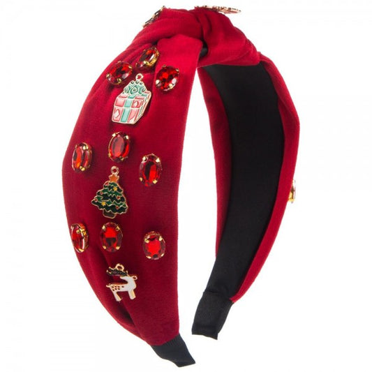Velvet Knotted Headband With Christmas Pendants & Rhinestone Details Red