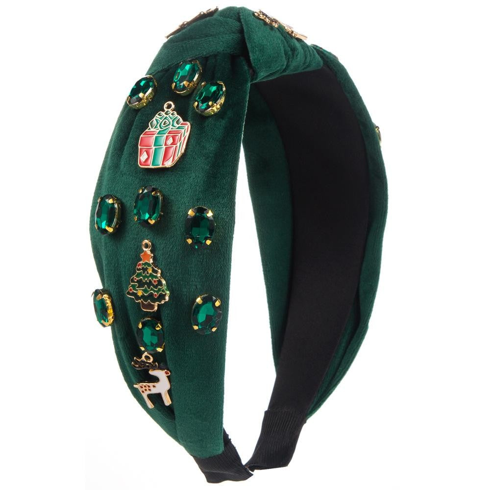 Velvet Knotted Headband With Christmas Pendants & Rhinestone Details Green