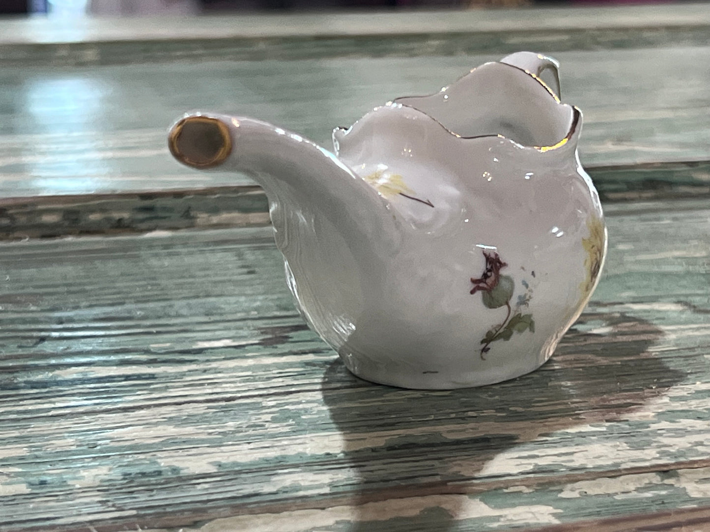 Antique Baby Invalid Feeder Cup Yellow Blue Green Florals Porcelain