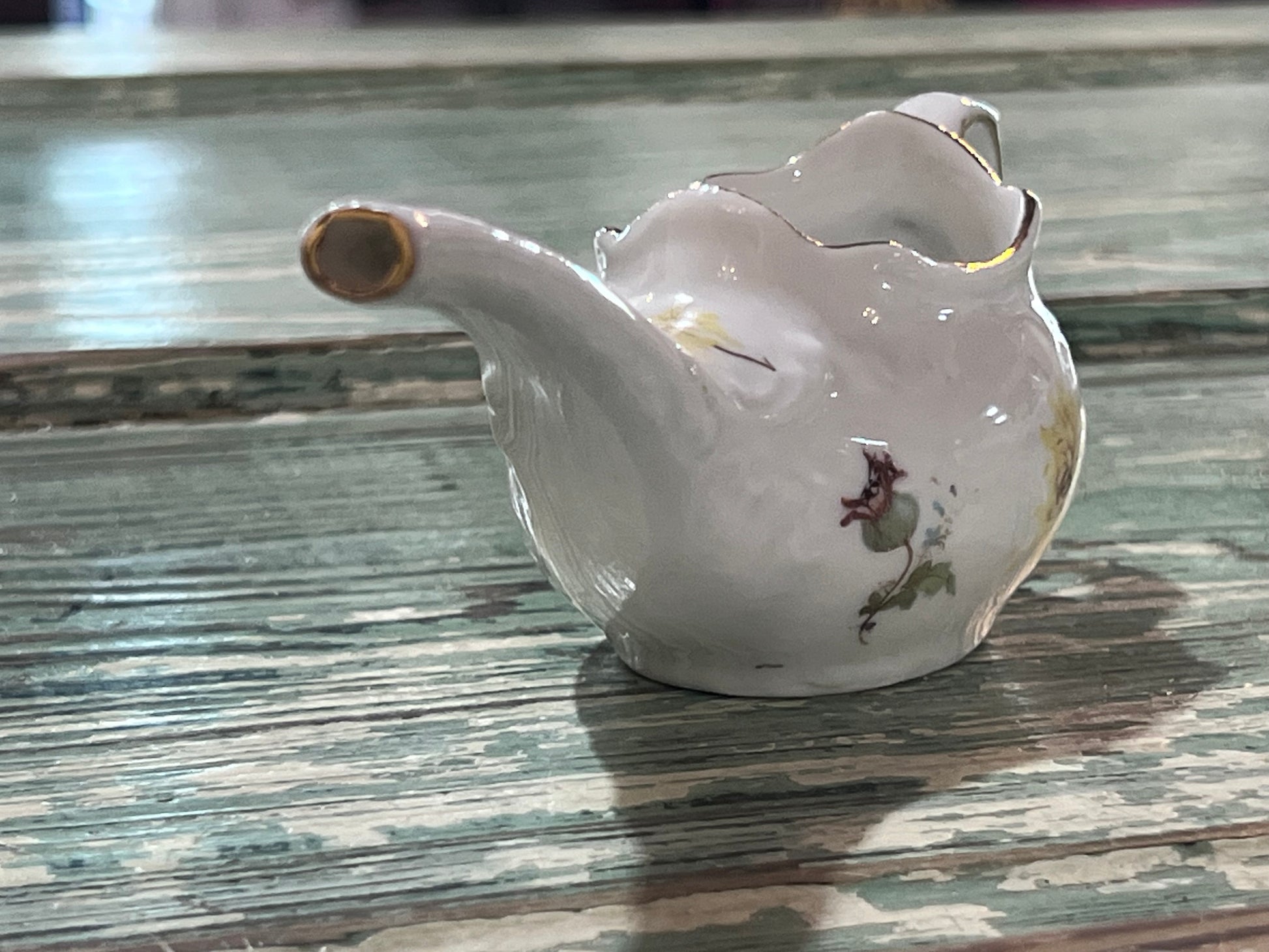 Antique Baby Invalid Feeder Cup Yellow Blue Green Florals Porcelain