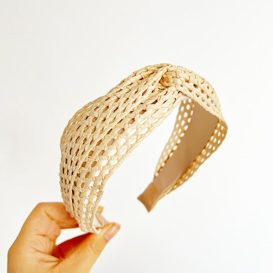 Woven Raffia Knotted Headband Cream