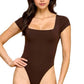 Square Neck Short Sleeve Bodysuit – Fitted Stretch Top: Black MIO WHOLESALE