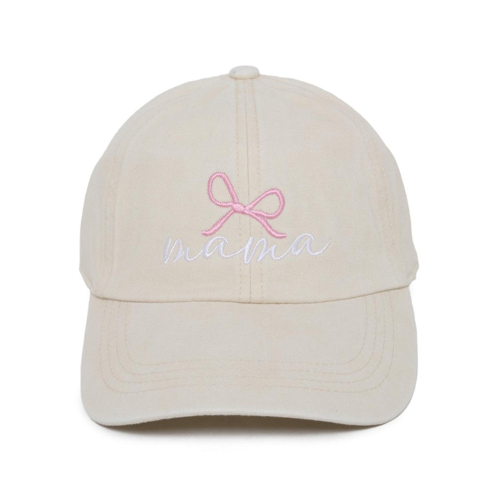 Embroidered 'mama' & Bow Baseball Cap Beige