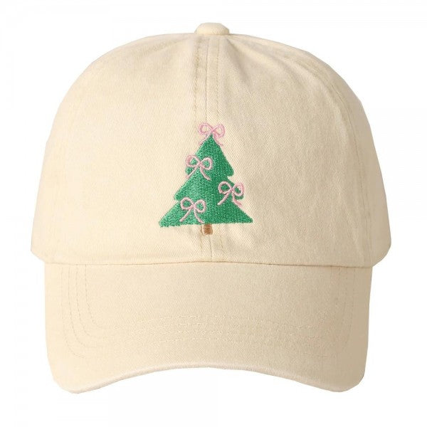 Bow Christmas Tree Embroidered Baseball Cap Beige