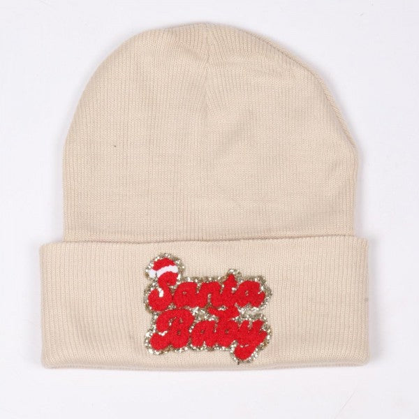 "Santa Baby" Glitter Chenille Patch Knit Cuffed Beanie Beige