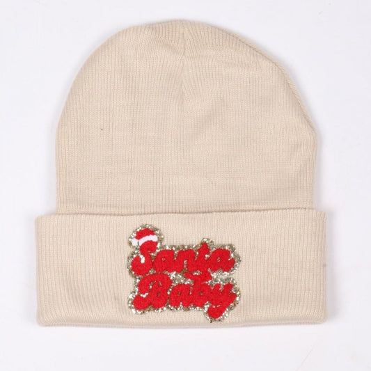 "Santa Baby" Glitter Chenille Patch Knit Cuffed Beanie Beige