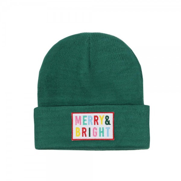 'MERRY & BRIGHT' Embroidered Patch Knit Cuffed Beanie Green