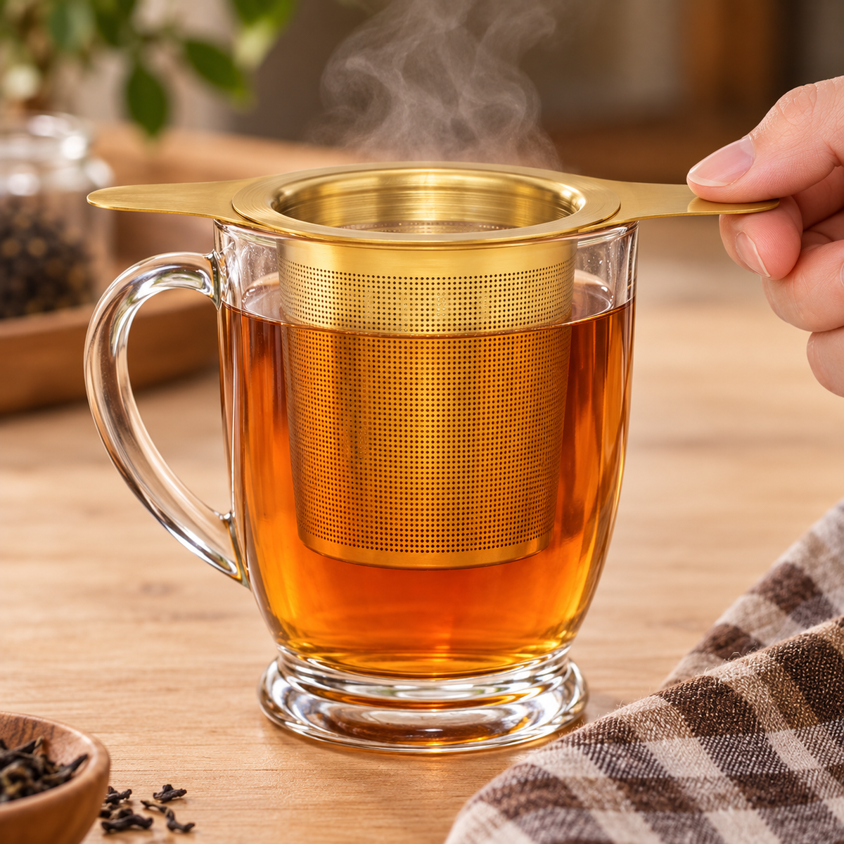 Extra Fine Gold Stainless Steel Large Mesh Tea Infuser w/Lid Roots And Leaves