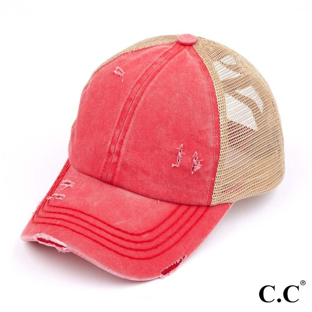 C.C Distressed Criss Cross Pony Cap Adult Red
